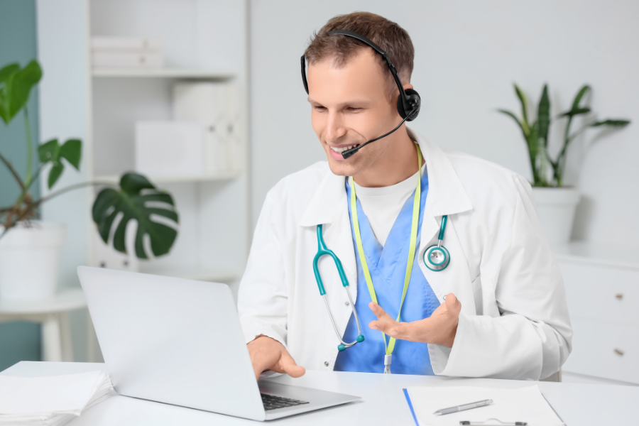 Healthcare professional talking during an online consultation